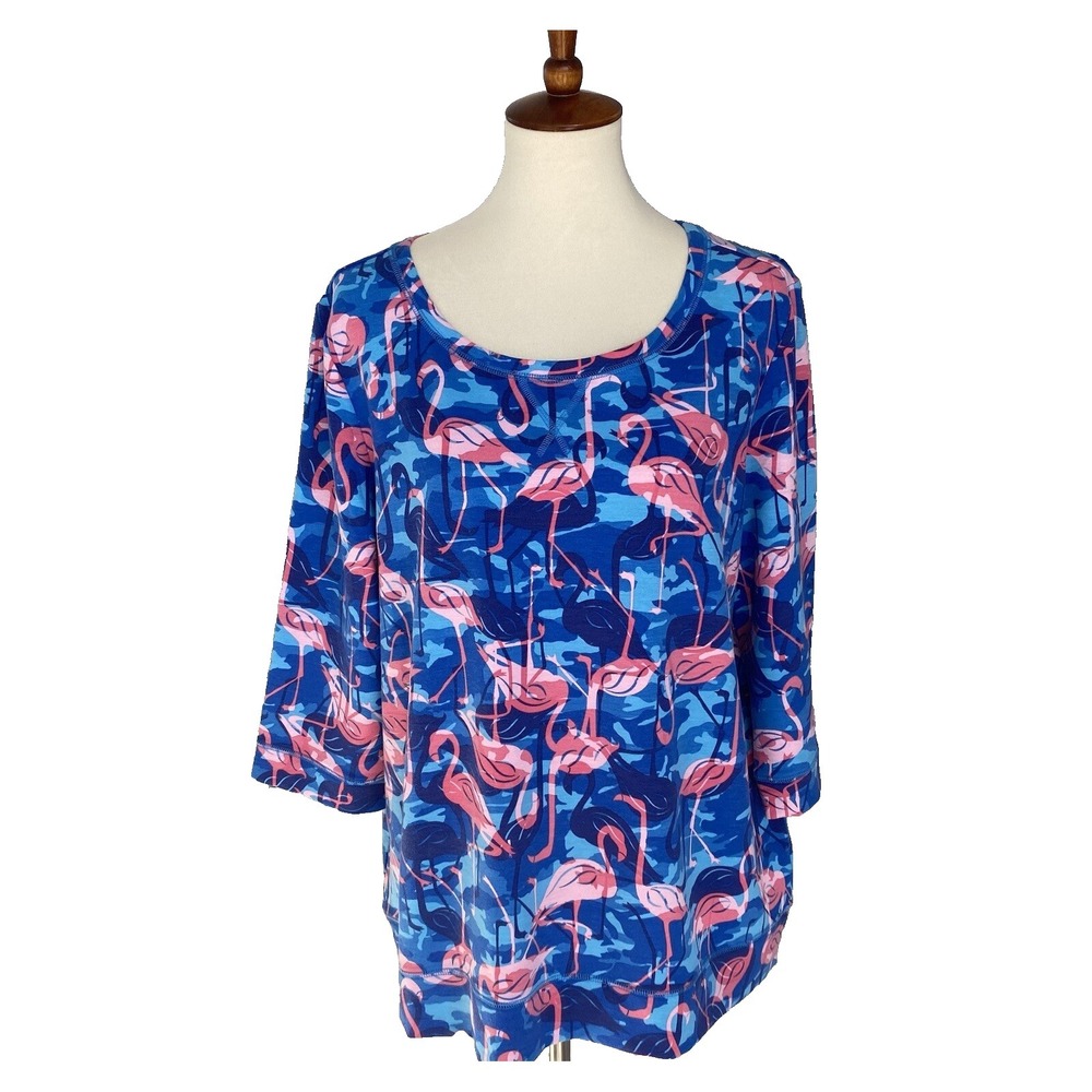 Sun Bay Women XL Top Blouse T-shirt Knit Pink Flamingo Blue Stretch 3/4‎ Sleeve